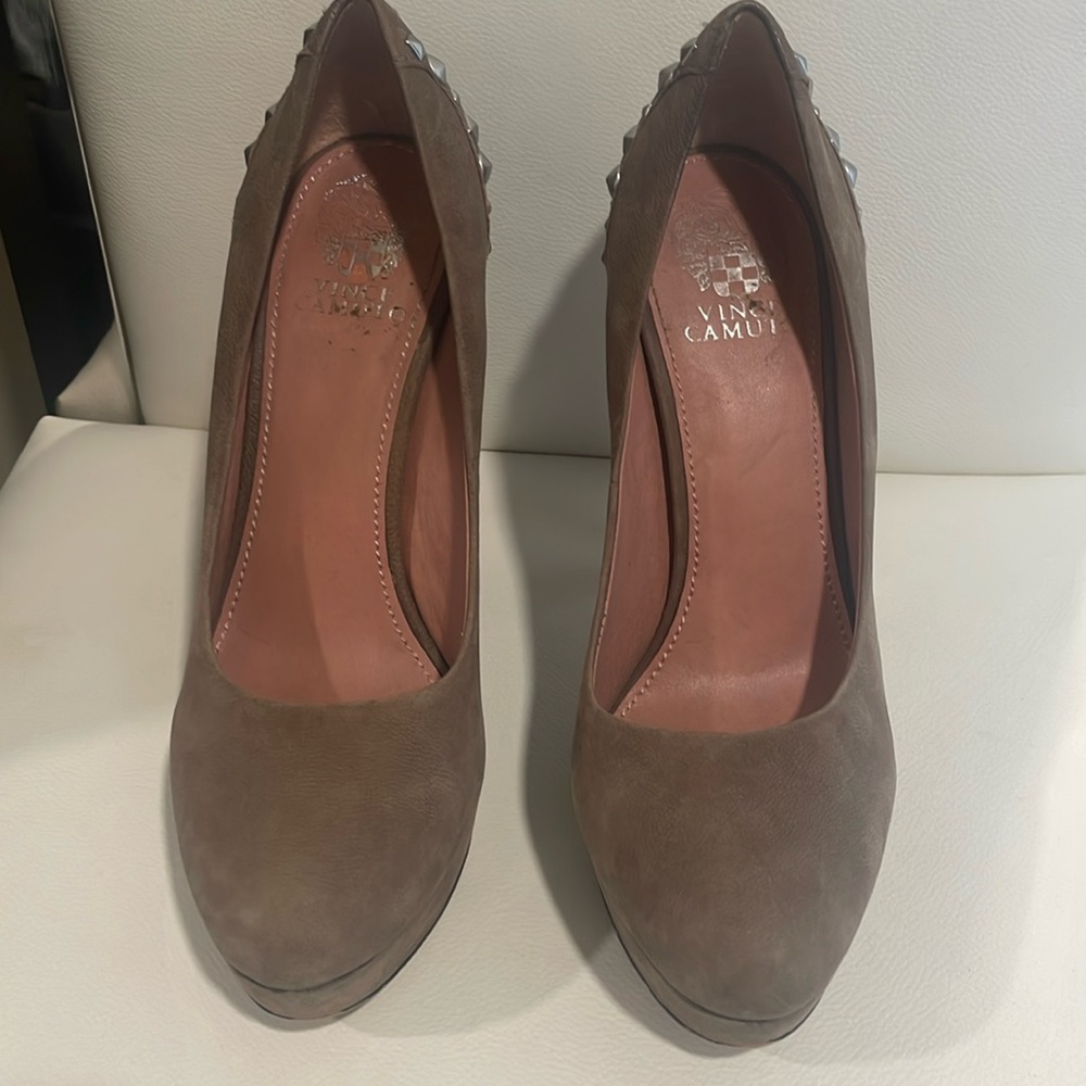 Brushed suede heels, grommet silver detain on heel